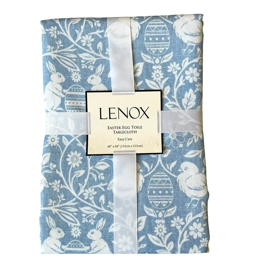 Lenox Blue Easter Egg Toile Bunny Rabbit Baby Chick Cloth Tablecloth 60” X 84”